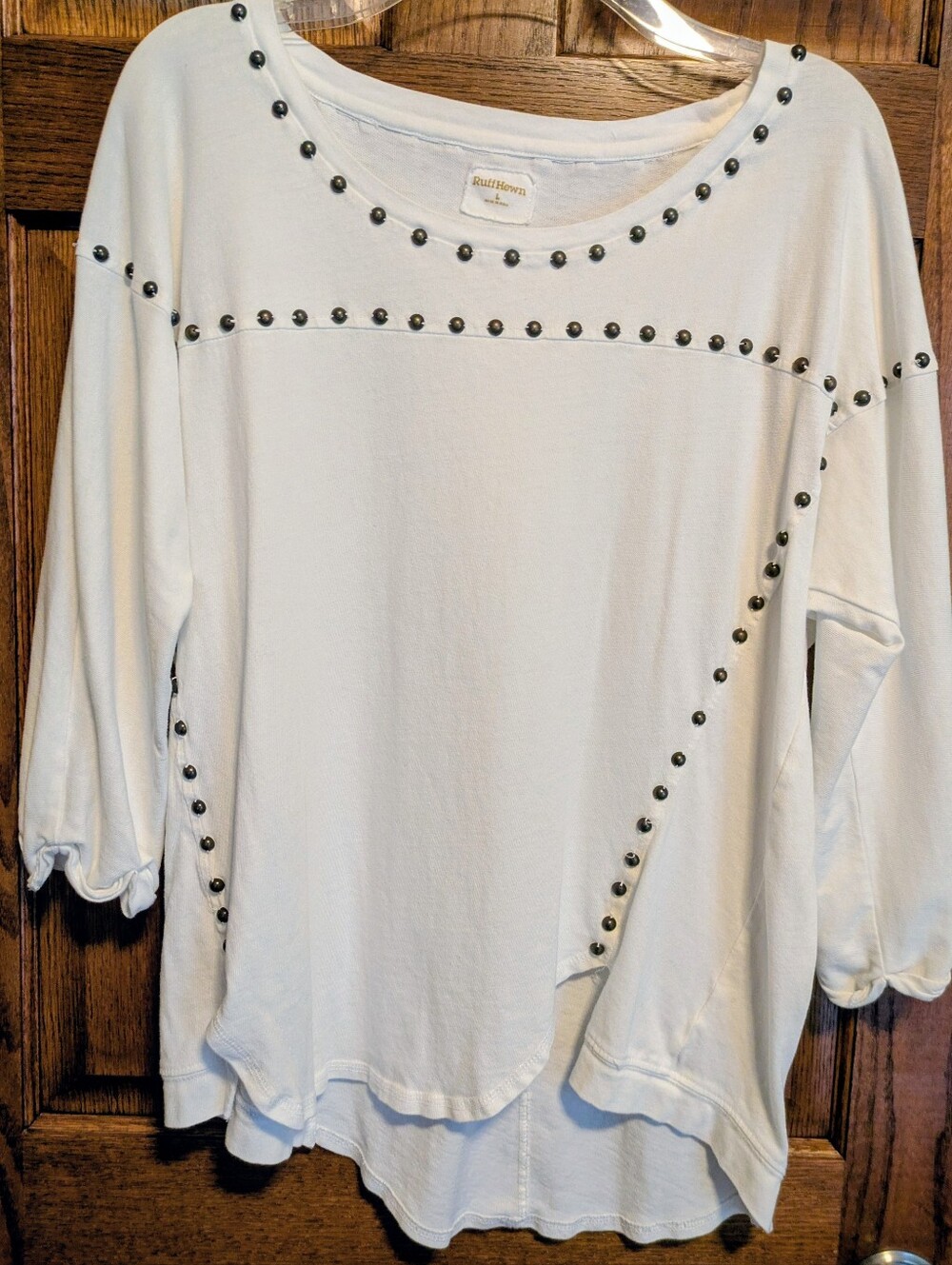 Ruff Hewn White Relaxed Scoop Neck Pullover w/ Studded Trim Accents & Hi-Lo Hem